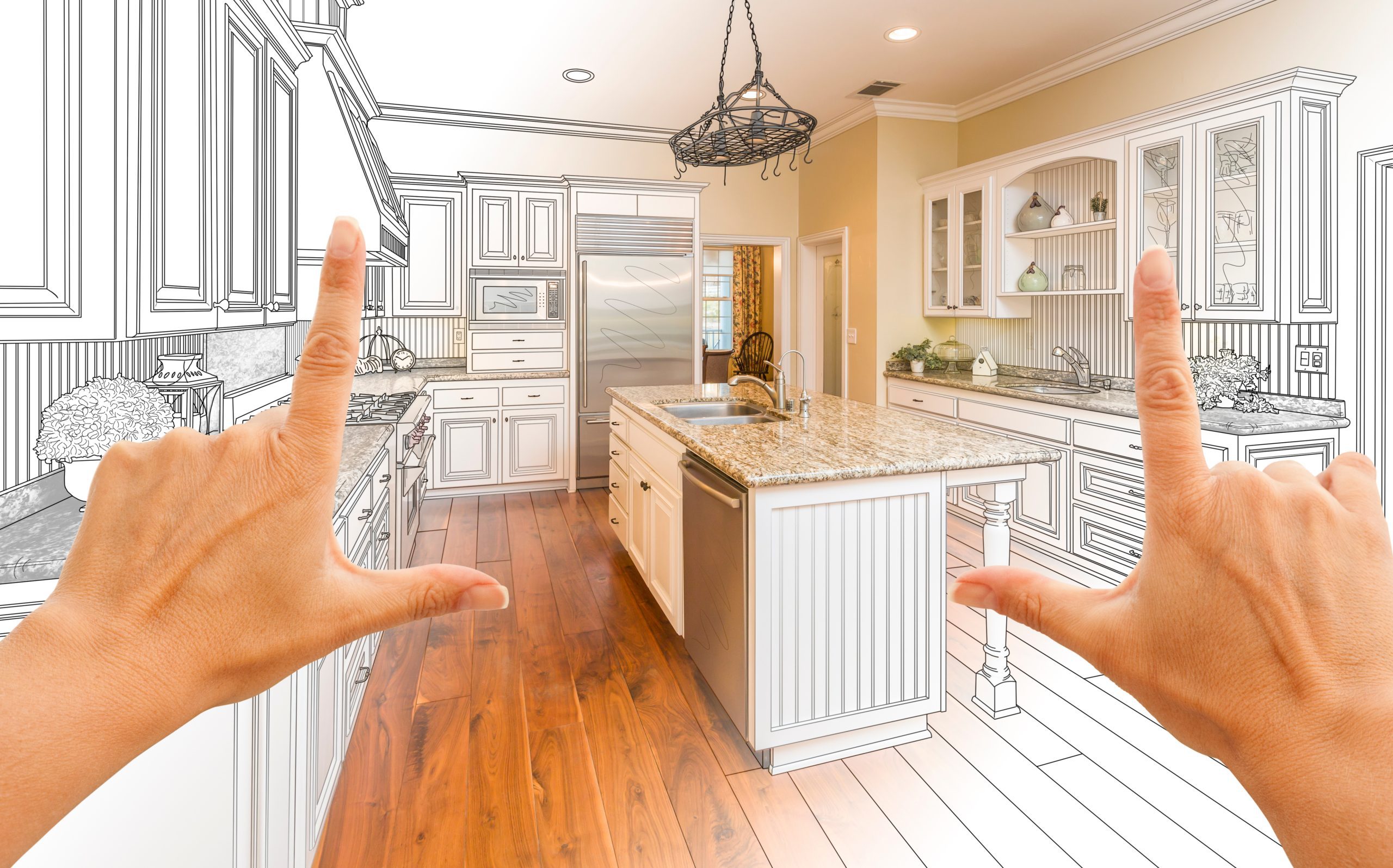 A photo of a kitchen where half is the photo and half is the drawing.