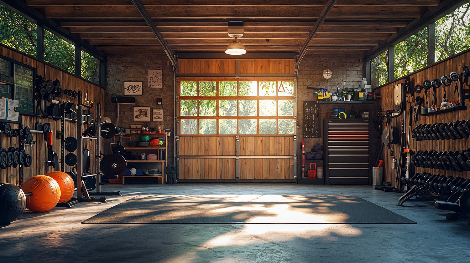 Home gym setup with equipment in a garage