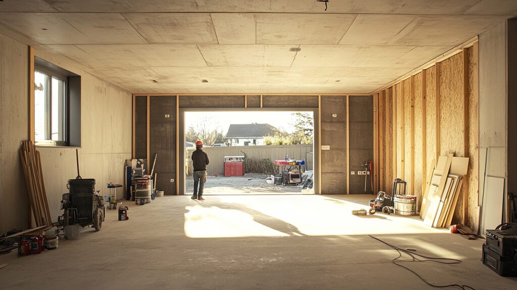 a contractor standing in an unfinished garage